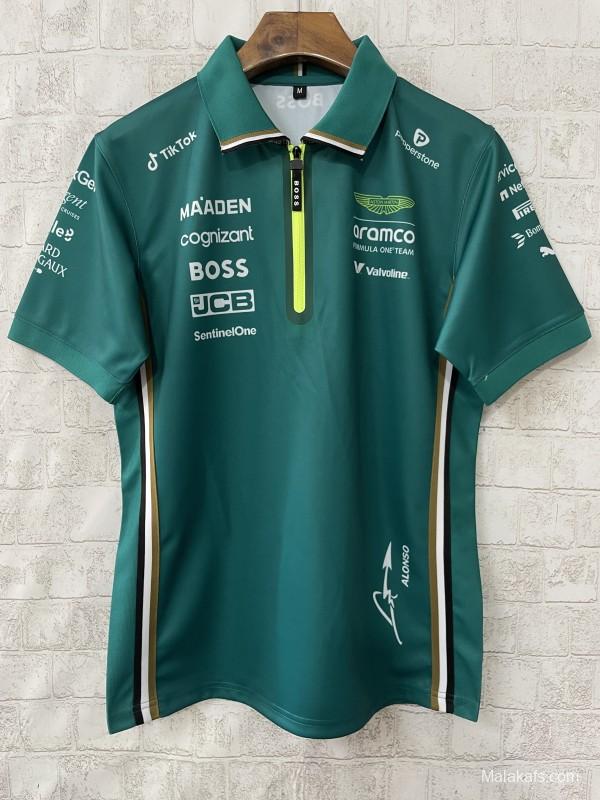 2025 F1 Aston Martin Aramco F1 Team Dark Green with Yellow Zipper Polo