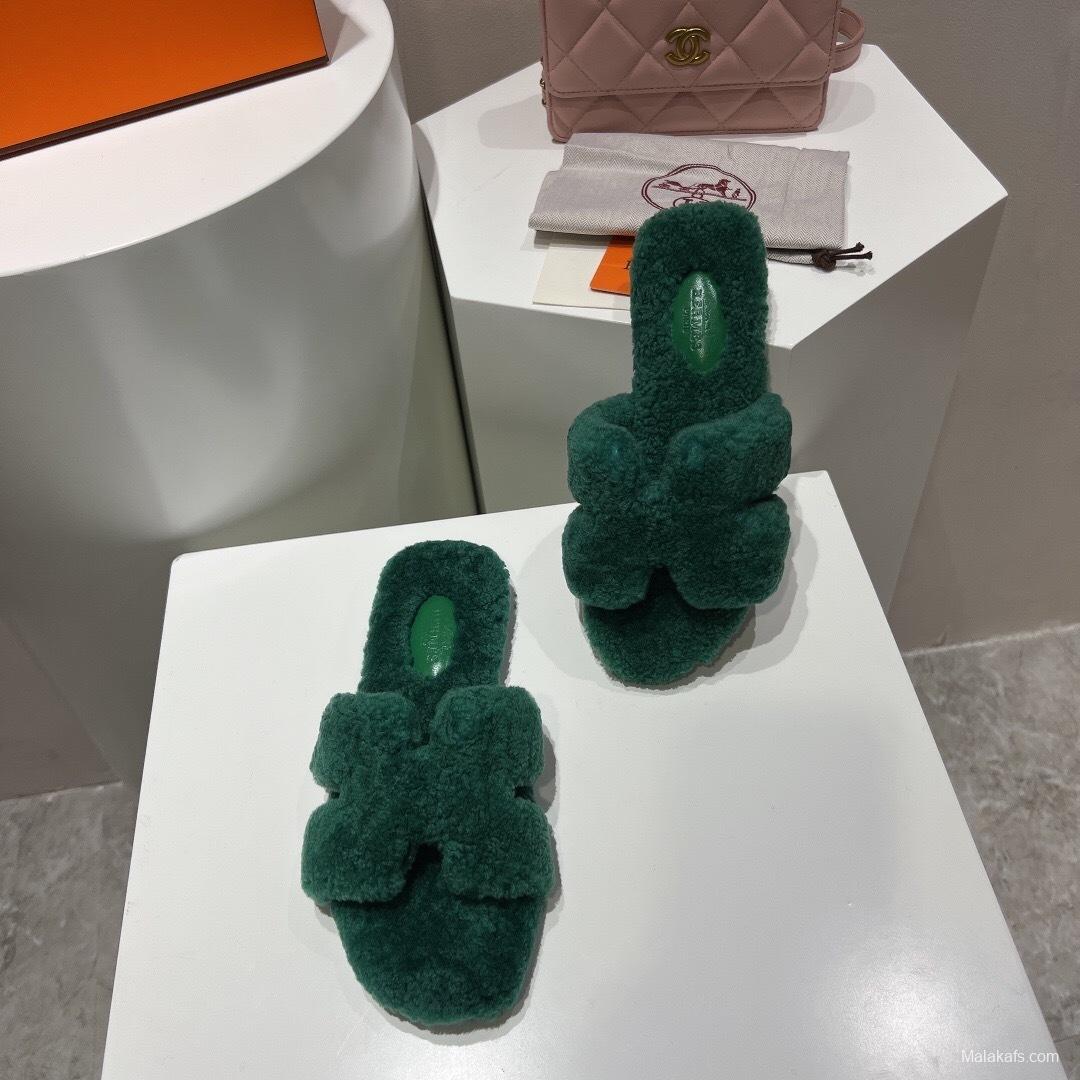 H Teddy Wool H Slippers Flat Sole Fur Slippers - LY00240