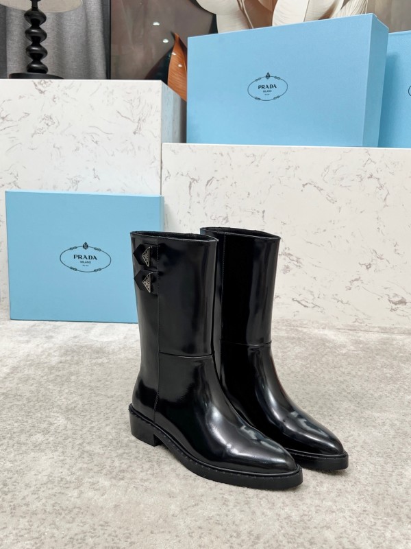 Prada Classic Triangle Logo Pointed Toe Boots - LY00350