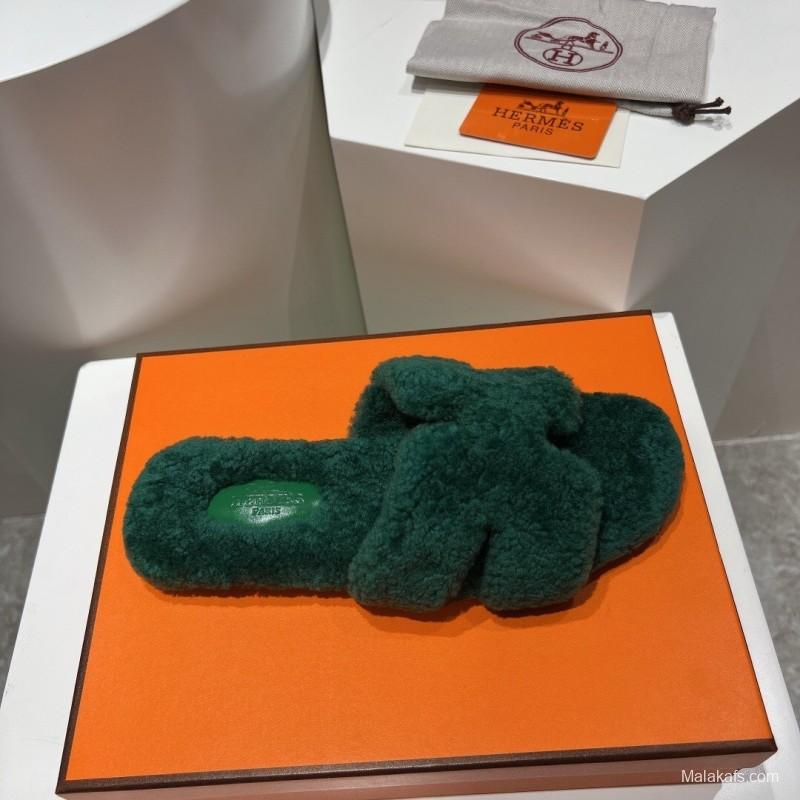 H Teddy Wool H Slippers Flat Sole Fur Slippers - LY00240