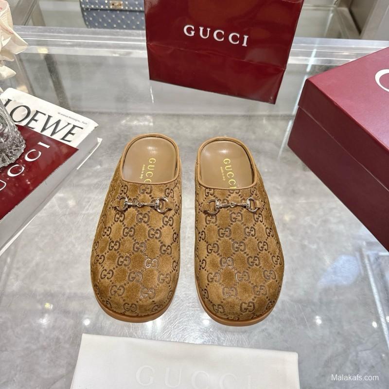 Gucci Camel Suede GG Embossed Horsebit Mule Sandals - LY00240