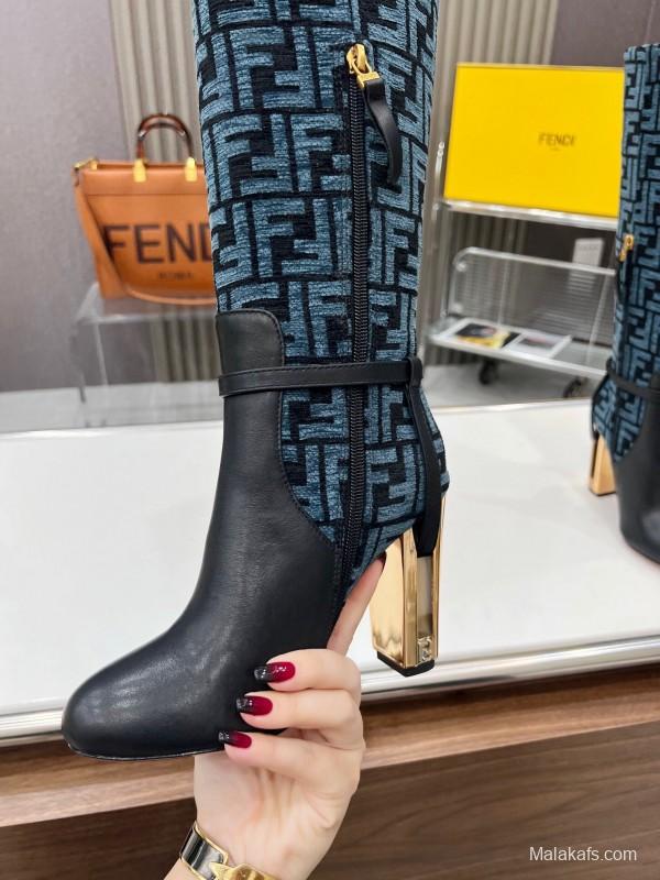 FENDI Delfina Round Toe Boots with FF Buckle and Heel Detail - LY00