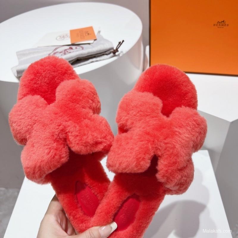 Hermès Teddy Wool H Slippers Flat Sole Fur Slides - LY00240