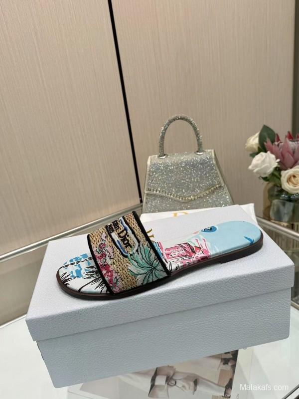 Dior 2025 SS CD Embroidered Monogram Slippers with Sheepskin Lining - LY00200