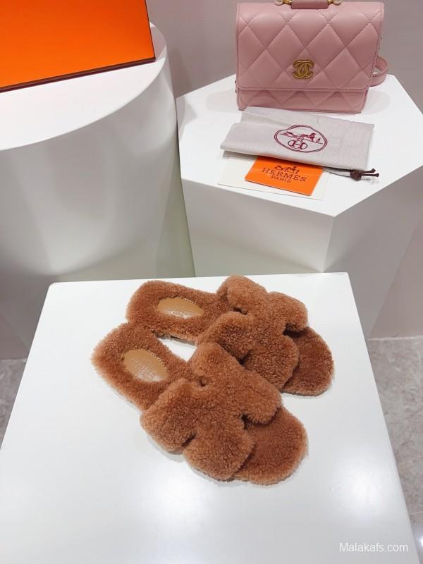 H Teddy Wool H Slippers Flat Sole Fur Slides - LY00240
