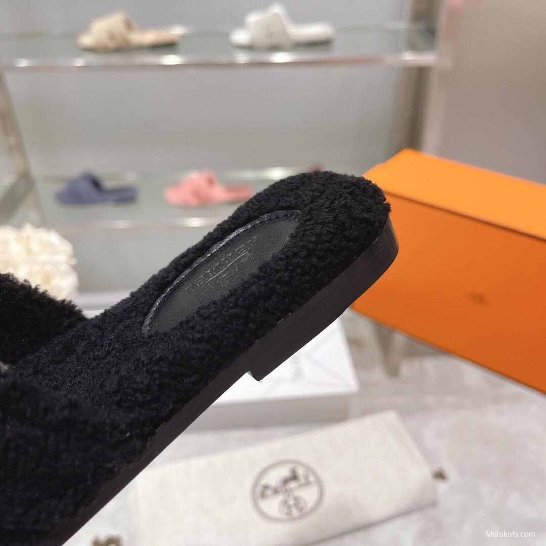 H Teddy Wool H Slippers Flat Sole Autumn Winter - LY00240