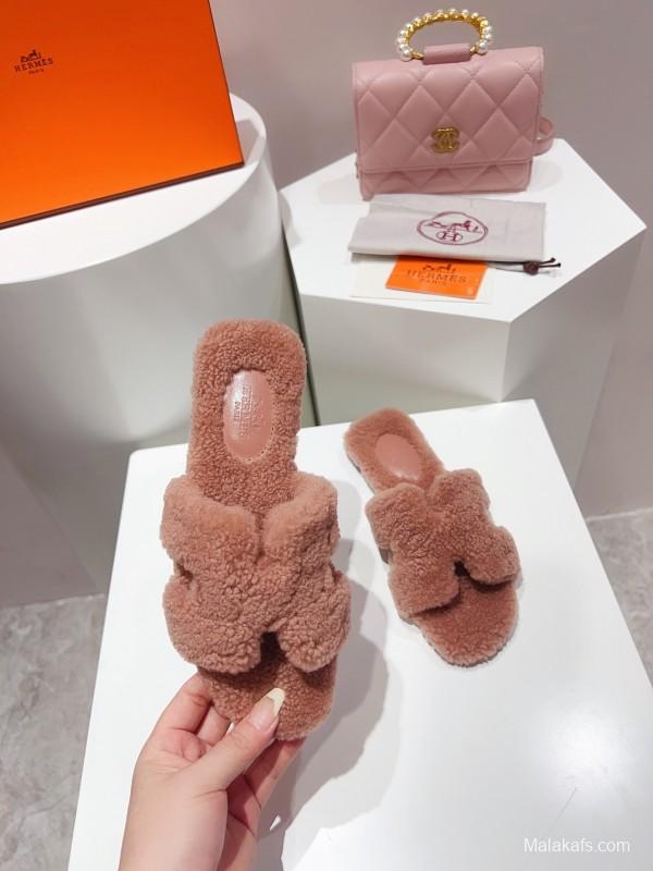 H Teddy Wool H Slippers Flat Sole Winter Edition - LY00240