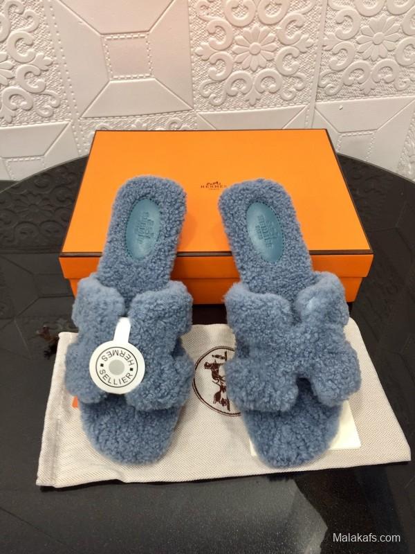 H Teddy Wool H Slippers Flat Sole Autumn Winter - LY00240