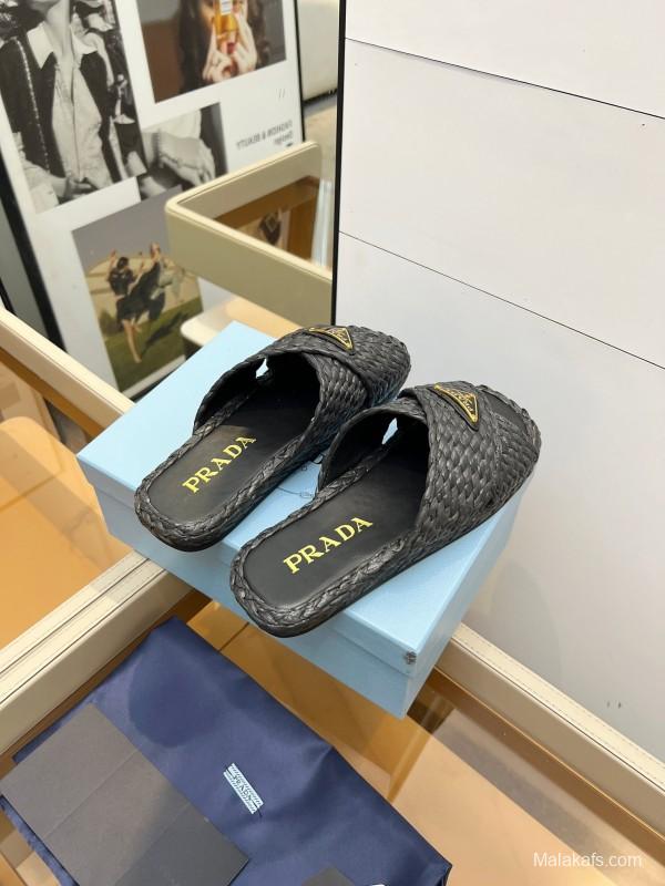 Prada 2025 SS Raffia Handwoven Cross Strap Sandals - KFY00260