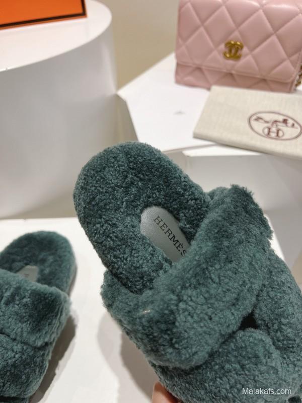 H Love Erjiu Full Wool Slippers with Slightly Curled Wool - LY00270
