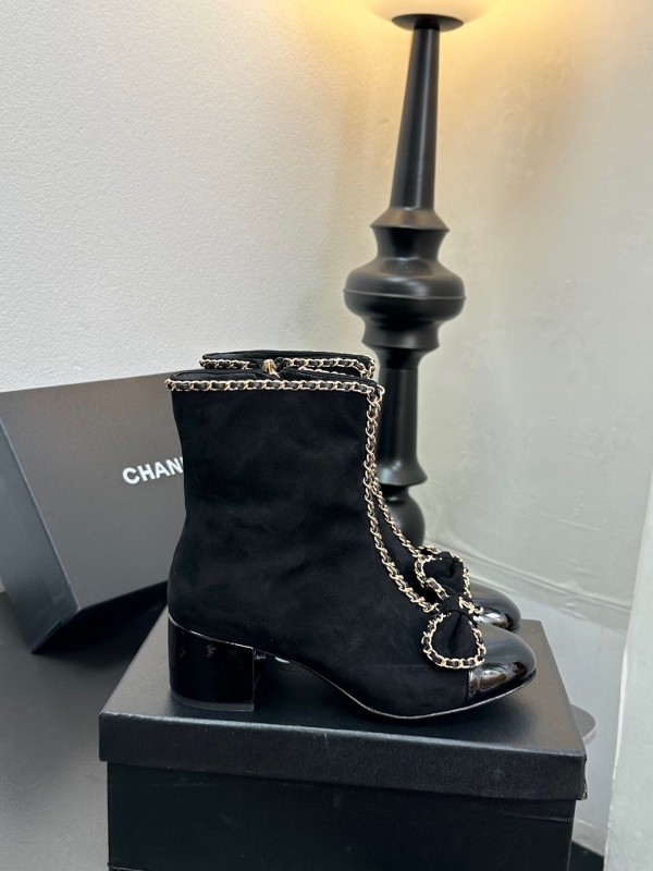 Chanel 2025 SS Chain Bow Chunky Heel Ankle Boots - LY00370