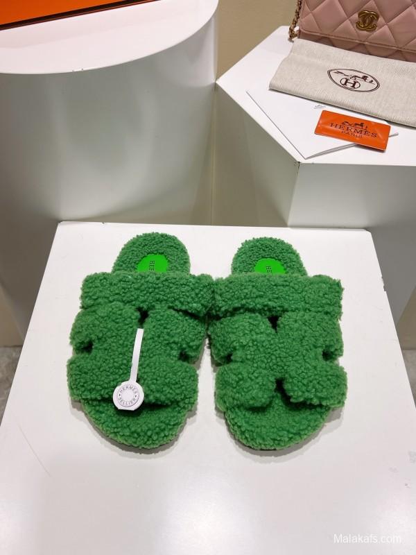 H Full Straight Fur Slippers with Grain Fur - LY00300