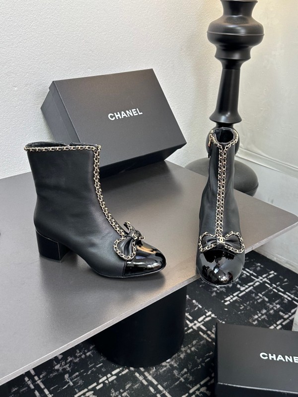 Chanel 2025/SS Chain Bow Chunky Heel Ankle Boots - LY00370