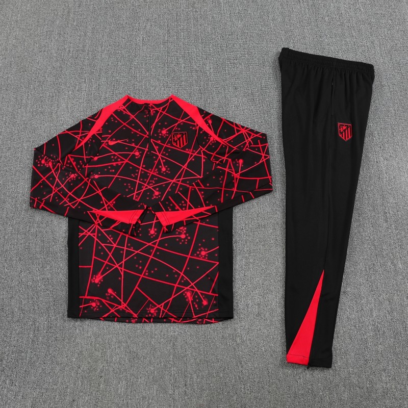 25/26 Atletico Madrid Black with Red Geometric Lines Pattern Half Zipper Jacket Tracksuit +Long Pants
