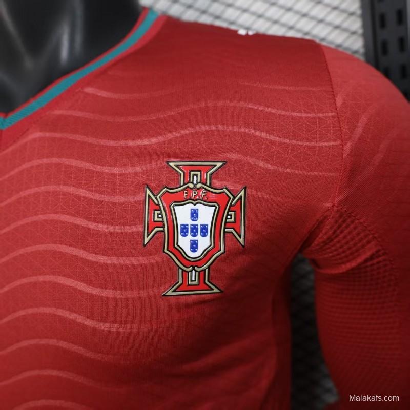 Player Version 2026 Portugal Home Long Sleeve Red with Horizontal Wave Pattern Jersey