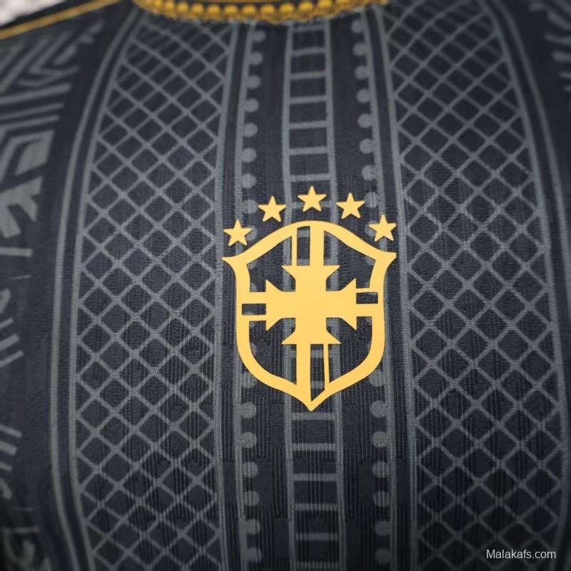2026 Player Version Brazil Black with Gold Geometric Tribal Pattern Jersey