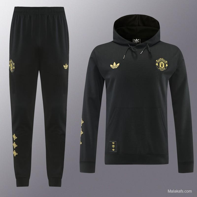 26/27 Manchester United Black Pullover Hooded Tracksuit + Long Pants