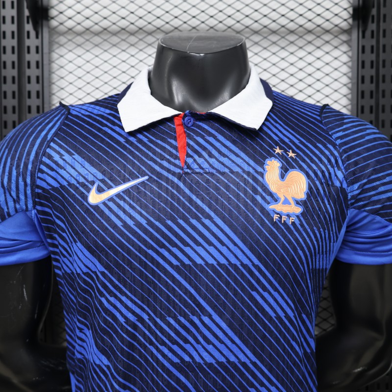 Player Version 2026 France Home Blue with Diagonal Brushstroke Stripe Polo Collar Jersey