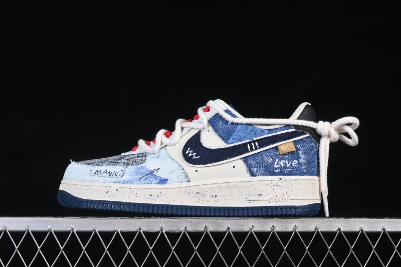 Nike Air Force 1 '07 Low Hand-Drawn Sneakers with Indigo-Dyed Denim and Leather Upper - FB0607-707